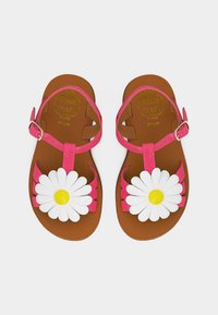Καφέ παιδικά σανδάλια με ροζ λουράκια και λευκές διακοσμήσεις μαργαρίτας με κίτρινα κέντρα στην κορυφή.