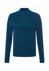 Dunkelblauer Pullover mit hohem Rippenhalsausschnitt, langen Ärmeln und strukturiertem Strickmuster. Einfaches Design, keine zusätzlichen Akzente oder Muster.