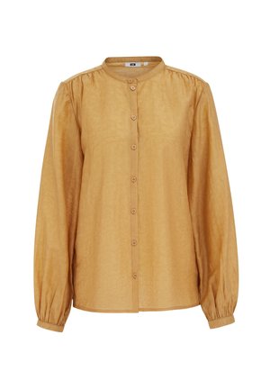 Bluză cu mâneci lungi de culoarea muștarului, cu model floral subtil, decolteu rotund, nasturi pe față și manșete adunate.