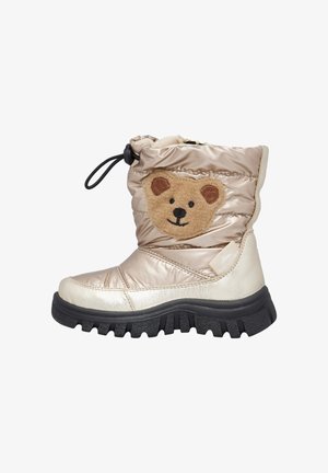 Stivale invernale dorato imbottito e lucido con suola in gomma nera. Presenta un volto di orso cucito in marrone chiaro sul lato e una chiusura con stringa nella parte superiore.