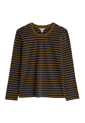 Koszulka z długim rękawem w oliwkowo-zielone i granatowe paski, z okrągłym dekoltem i miękkim, teksturowanym materiałem.