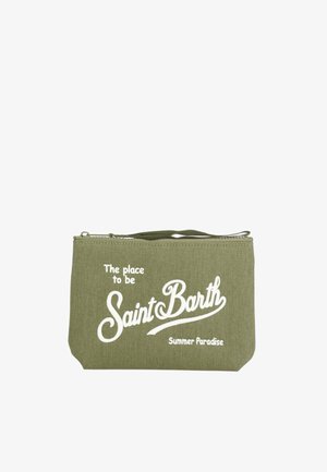 Astuccio verde oliva con zip e scritta bianca "The place to be Saint Barth Summer Paradise" e una piccola maniglia in tessuto in alto.
