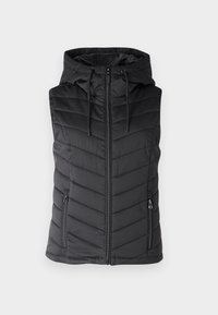 Gilet rembourré noir avec capuche, présentant une fermeture éclair sur le devant, un motif matelassé en chevrons et deux poches zippées sur les côtés. Texture lisse.