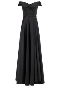 Svart off-the-shoulder aftonklänning med ett åtsittande liv, plisserad kjol och slät satinkänsla. Elegant, flödande design.