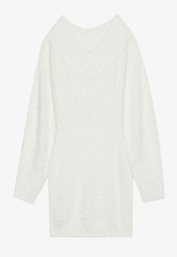 Vit oversized tröja med V-ringning, långa ärmar och ett texturerat stickat mönster. Mjukt, fluffigt material med en avslappnad passform.