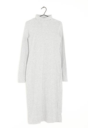 Graues Langarmkleid mit einem Rollkragen-Design, aus weichem, glattem Stoff gefertigt. Verfügt über einen geraden Schnitt und seitliche Schlitze für hohe Bewegungsfreiheit.