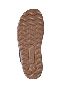 Rubberen schoenzool met een golvend patroon, bruine kleur en reliëflogo. Ronde teenontwerp met een gestructureerde grip voor grip op de ondergrond.