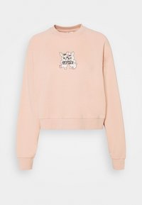 Rosa kortärmad sweatshirt med långa raglanärmar, med en grafik av två kaniner som håller en Levi's-banner på framsidan. Mjuk tygtextur.