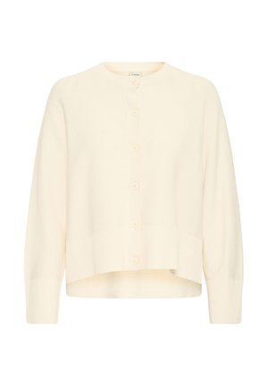 Light cream cardigan, button-front design, made from a soft knit fabric, featuring a slightly cropped hem and wide sleeves. No visible patterns.