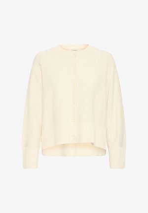 Light cream cardigan, button-front design, made from a soft knit fabric, featuring a slightly cropped hem and wide sleeves. No visible patterns.