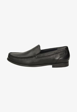 Schwarze Lederloafer mit strukturierter Oberfläche, runder Zehenform, dekorativer Naht entlang der Nahtstelle und niedrigem Gummihighheel.