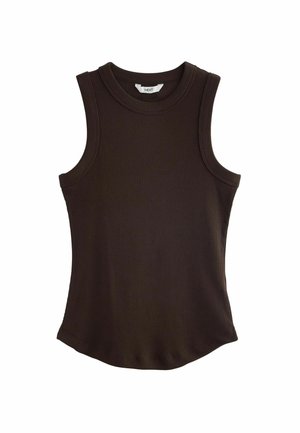 Mouwloos, donkerbruin geribd singlet met een ronde hals en een licht gebogen zoom, plat gelegd tegen een witte achtergrond.