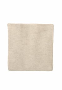 Cappuccio lavorato a maglia beige con una texture a coste. Il design è senza cuciture con una tessitura uniforme, che evidenzia il suo materiale morbido e resistente.