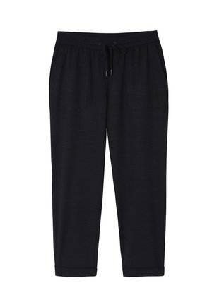 Black athletic pants with a drawstring waistband, two side pockets, tapered legs, and a soft, textured fabric finish.