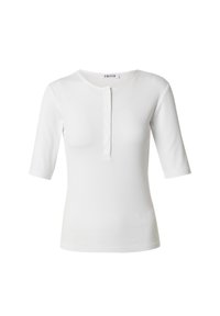 Witte ribbelshirt met een ronde halslijn, driekwart mouwen en een voorsprong met zes knopen aan de voorkant. Zachte, aansluitende pasvorm.