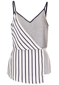 Top sin mangas a rayas en azul marino y blanco con escote en V, que presenta rayas diagonales y verticales, fabricado con una tela suave y ligera.