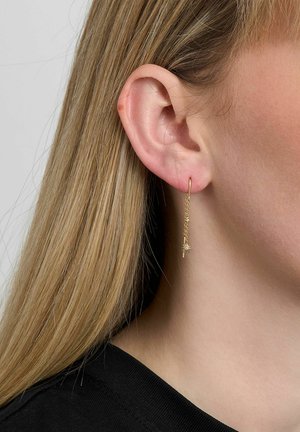 Közeli kép egy személy füléről, hosszú szőke hajjal, aki vékony arany lánc fülbevalót visel, apró csillag alakú medálokkal.