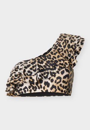 One-shoulder leopard print crop top with layered ruffle detail and asymmetrical neckline on white background.