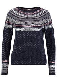 Navy Pullover mit langen Ärmeln, ausgestattet mit einem gemusterten Einsatz und weißen Pünktchen über dem gesamten Körper. Rippkragen und -saum.