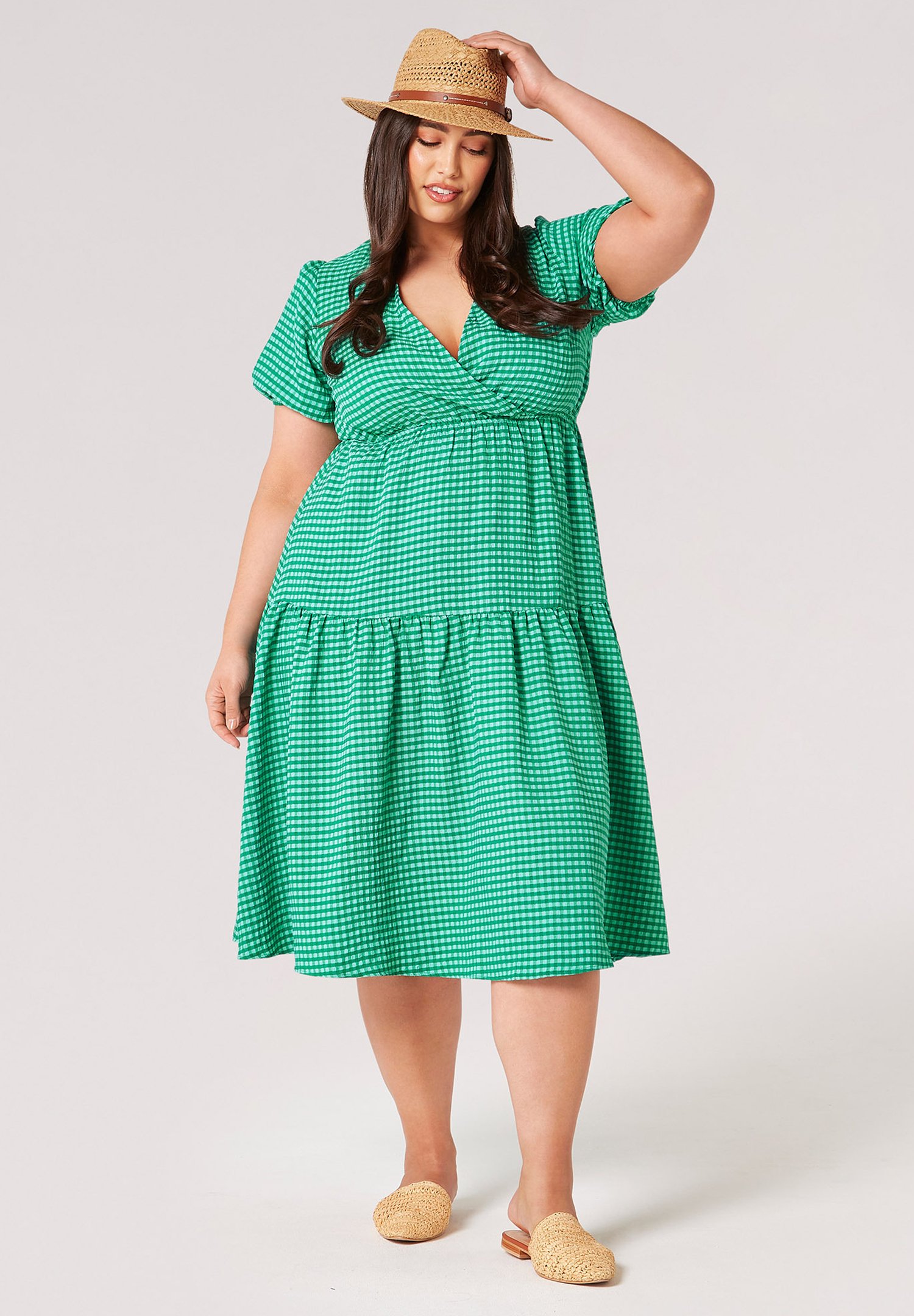 green emerald velvet dress Green Check Midi Dress Gingham Tie Waist Collared main image 0
