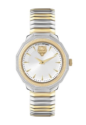 Zweifarbige Metallarmbanduhr mit achteckiger Lünette, gold- und silberfarbenen Armbändern, goldenen Stundenmarkierungen und einem Tigerkopf-Emblem auf dem weißen Zifferblatt.