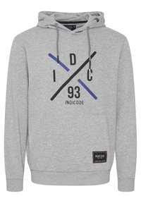 Gray hoodie with a front kangaroo pocket, black and blue graphic design featuring crossed lines and text, adjustable drawstring hood.