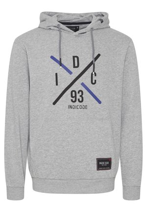 Hanorac gri cu buzunar frontal tip kangaroo, design grafic alb-negru și albastru cu linii încrucișate și text, glugă ajustabilă cu șnur.