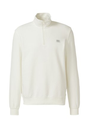 Pullover bianco a maniche lunghe con zip corta e piccolo logo quadrato sul petto a sinistra, polsini e orlo a coste.