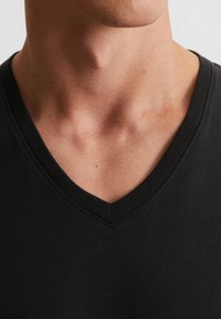 Zwarte V-hals t-shirt van zachte stof, met een gladde textuur en subtiele stiksels langs de halslijn, gericht op casual kleding.