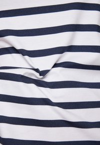 Navy and white striped fabric featuring even horizontal stripes, smooth texture, and slight gathering in the center.