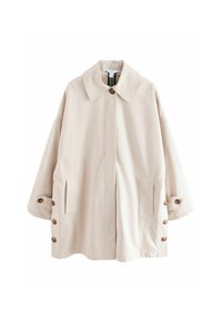 Hellbeige Jacke aus glattem Stoff. Verfügt über einen breiten Kragen, seitliche Taschen und braune Knöpfe an den Ärmeln und der Vorderseite.