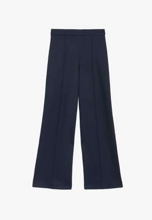 Pantaloni a gamba larga blu navy con vita alta e dettagli sulle cuciture frontali, presentati su uno sfondo bianco.