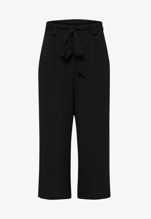Black cropped trousers in a smooth fabric, featuring a belted waist, front pleats, and side pockets for practicality.