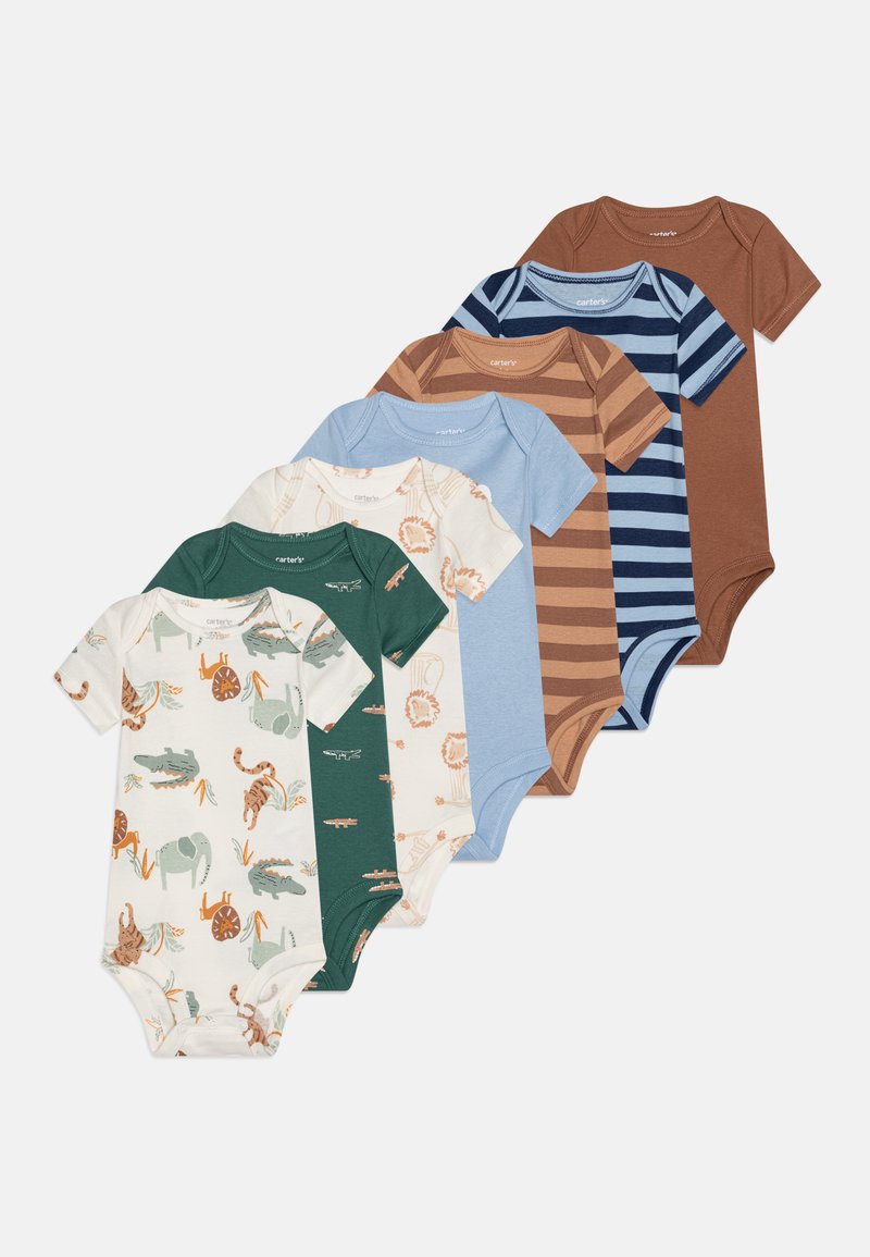 Ensemble de six bodies pour bébé. Comprend des couleurs variées : crème, vert, bleu, marron et à rayures. Les motifs incluent des animaux et des designs floraux.