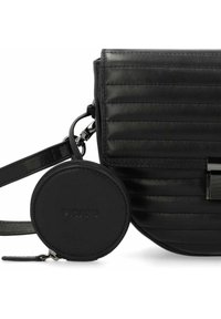 Borsa a tracolla nera in pelle con design trapuntato, tracolla regolabile e tasca per monete rotonda con zip e logo in rilievo.