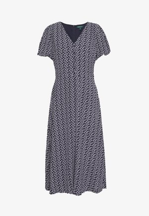 Marineblauwe midi-jurk met wit bloemenpatroon, V-hals, korte pofmouwen en een taille die aansluit, ritssluiting aan de achterkant.