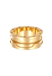 Goldfarbener Ring mit einer glatten, polierten Oberfläche und markanten, abgerundeten Akzenten. Verfügt über kreisförmige Ausschnitte entlang des äußeren Randes für mehr Detail.
