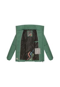 Groene pufferjack met een gewatteerde buitenkant. De zwarte binnenkant heeft kleurrijke golfpatronen en details van het verzorgingslabel. Elastische manchetten en capuchon.