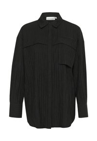 Camicia nera con bottoni, in tessuto rigato orizzontale, maniche lunghe e due tasche sul petto. Tessuto morbido, colletto strutturato e vestibilità rilassata.