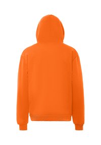 Oranžová mikina s měkkou texturou, plnou kapucí a dlouhými rukávy. Obsahuje žebrované manžety a lem pro pohodlné nošení. Zobrazené zadní pohled.