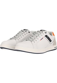 White leather low-top sneakers with grey laces, navy accents, and orange heel detail. Features a textured grey panel and rubber sole.