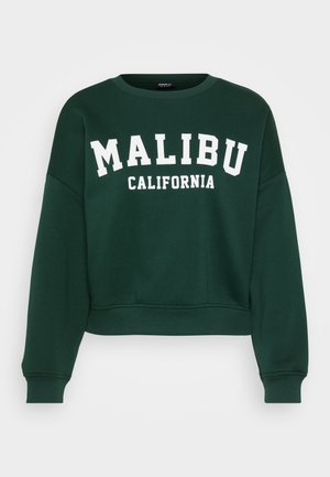 Green cropped sweatshirt with long sleeves. Features white text reading "MALIBU CALIFORNIA" across the chest. Soft fabric and ribbed cuffs.