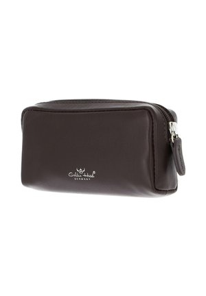 Dunkelbraune Leder-Reißverschlusstasche mit kleinem Vorderfach, mit weißem "Golden Head Germany"-Logo.