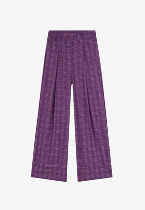 Pantalons à carreaux violets au design large, avec des plis à la taille et des lignes roses contrastantes, fabriqués en tissu léger.