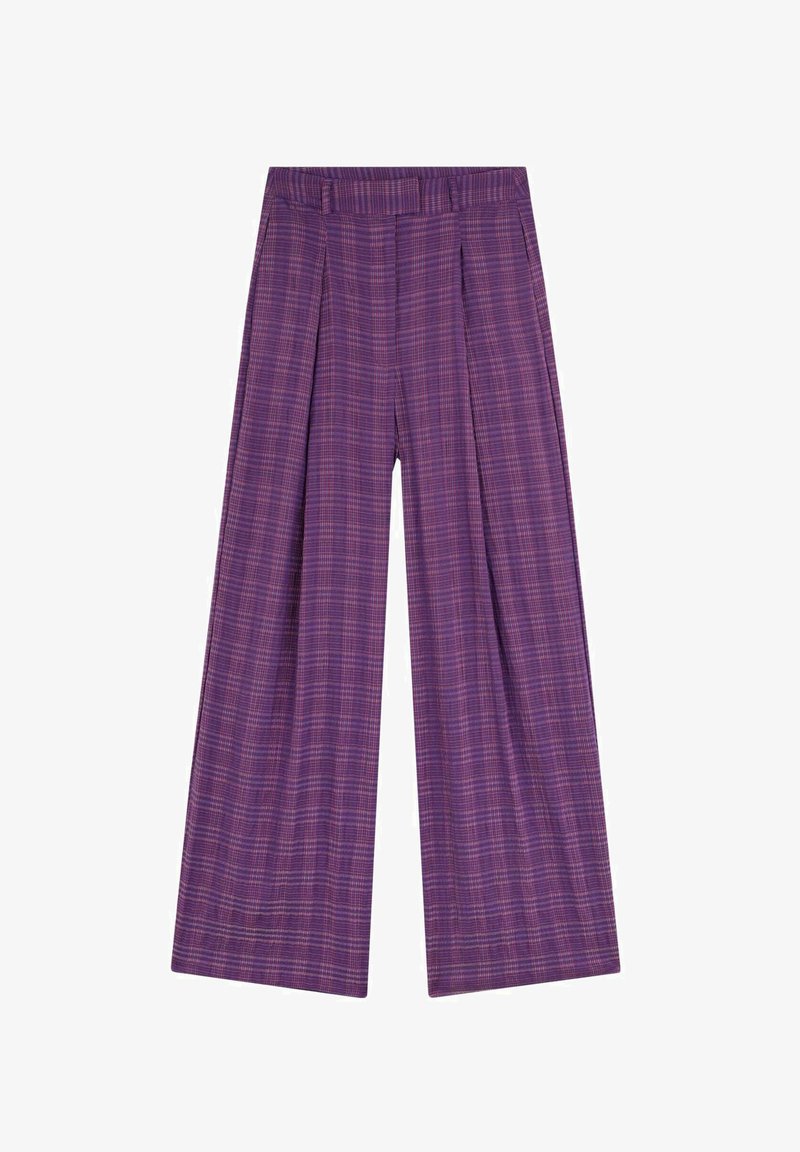 Lila karierte Hose mit weitem Bein, ausgestattet mit Falten an der Taille und kontrastierenden rosa Linien, besteht aus einem leichten Stoff.