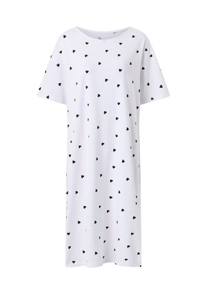 White knee-length dress with short sleeves, scattered small black heart patterns, and a round neckline.