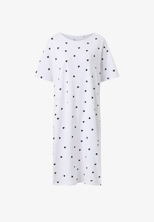 Vestito bianco fino al ginocchio con maniche corte, piccoli motivi a cuore neri sparsi e scollo rotondo.