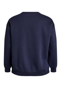 Tamsiai mėlynas megztinis, minkšta medžiaga, apvalus iškirpimas, ilgomis rankovėmis, raukšlėtos rankogaliai ir apačia. Paprastas dizainas be raštų ar puošmenų.