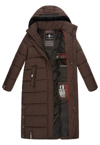 Bruine geïsoleerde lange jas met een capuchon, voorzien van horizontale quilting, een rode voering, zijzakken en een logo-print aan de binnenkant.