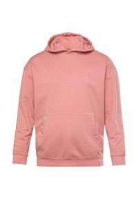 Sudadera con capucha rosa claro hecha de una tela suave, que cuenta con un bolsillo canguro y puños acanalados, con un logotipo sutil en la parte delantera.